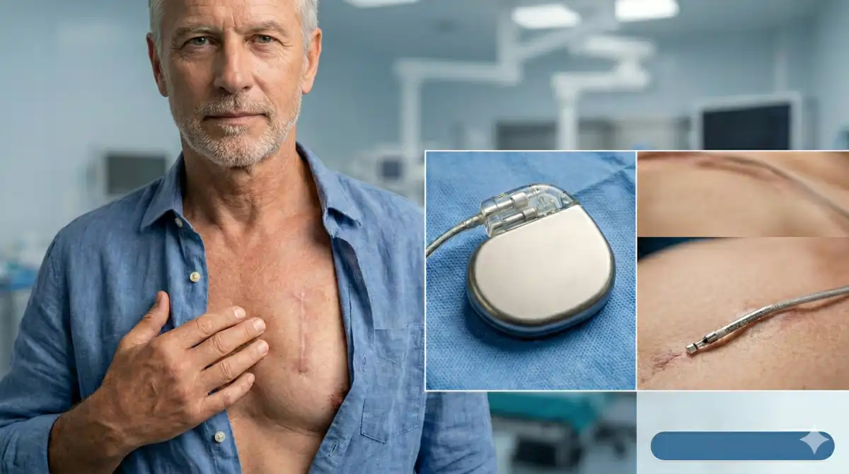 Schéma anatomique d'un défibrillateur sous-cutané S-ICD montrant le boîtier placé sous l'aisselle gauche et l'électrode le long du sternum