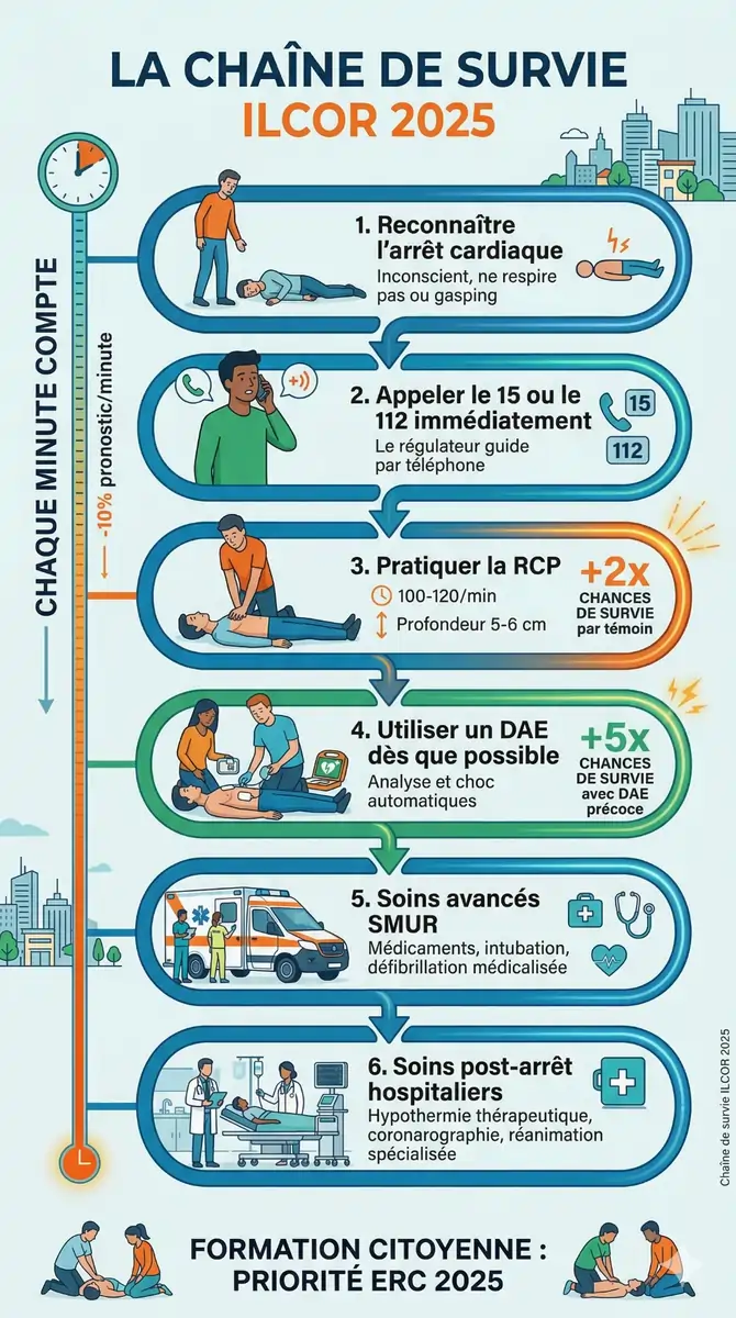 Chaîne de survie ILCOR 2025 : reconnaître, appeler, masser, défibriller, soins SMUR, soins hospitaliers