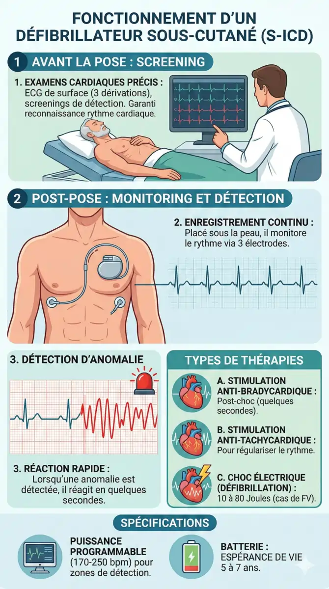 Défibrillateur sous-cutané S-ICD implanté : schéma de positionnement du boîtier et de la sonde sous-cutanée et délivrance du choc
