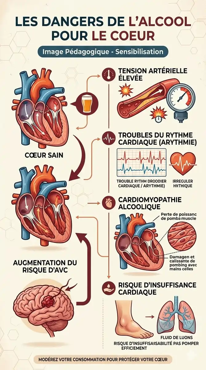 Effets de l'alcool sur le cœur : hypertension, arythmie et cardiomyopathie — schéma CardioPro