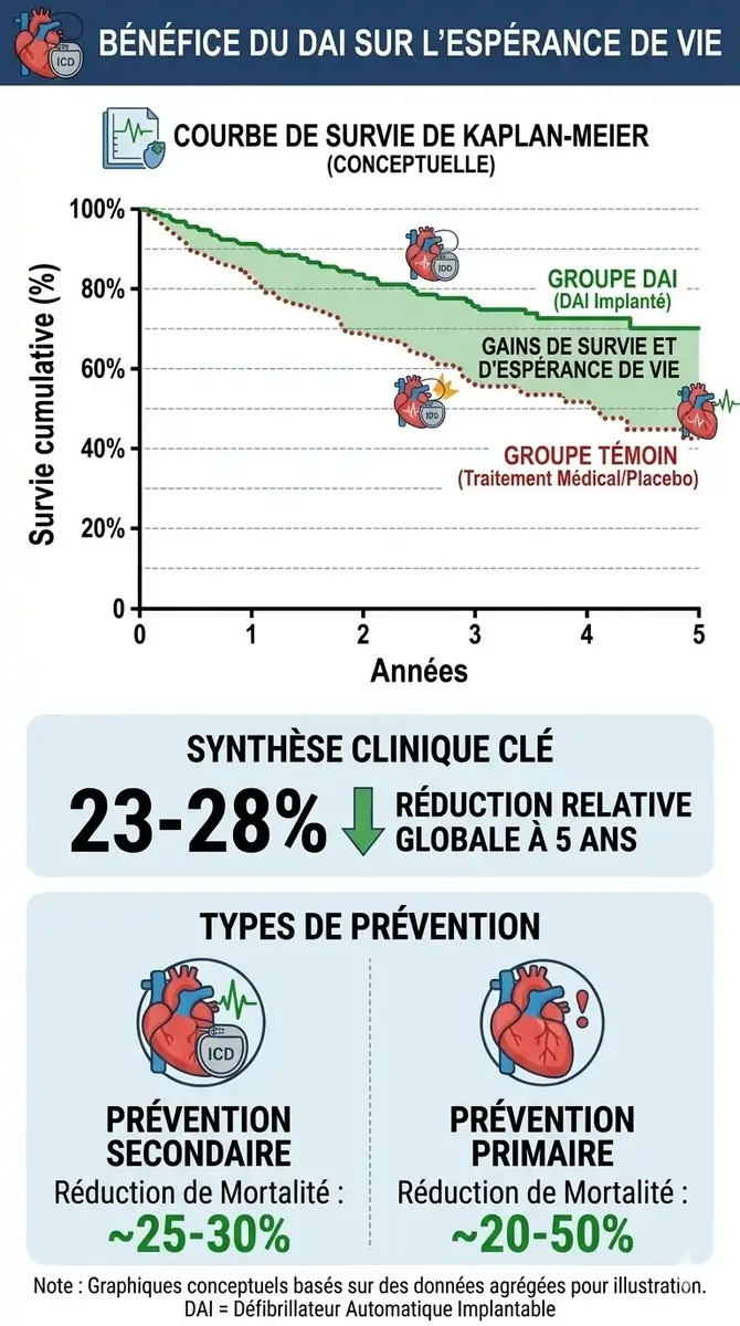 Défibrillateur automatique implantable (DAI) : schéma de positionnement du boîtier et de la sonde sous-cutanée et délivrance du choc