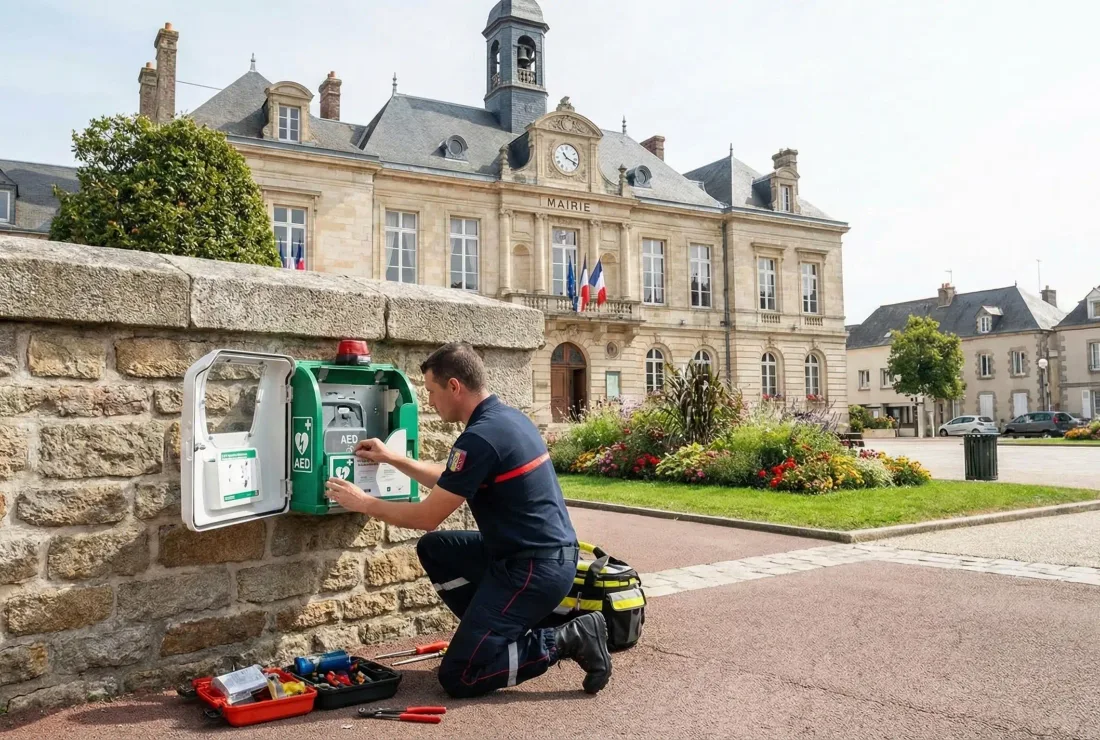 Technicien en polo bleu marine vérifiant un défibrillateur mural dans un couloir d'hôtel avec une tablette de maintenance