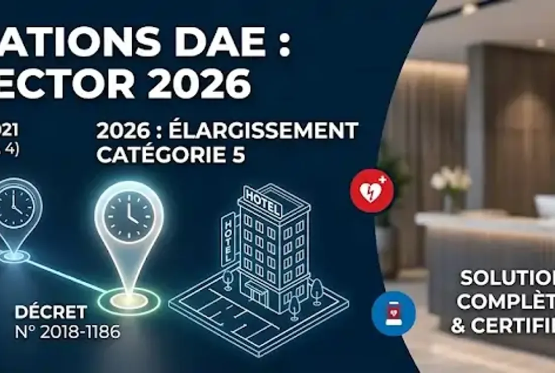 Réception d'hôtel avec défibrillateur mural et document réglementaire — obligation ERP type O