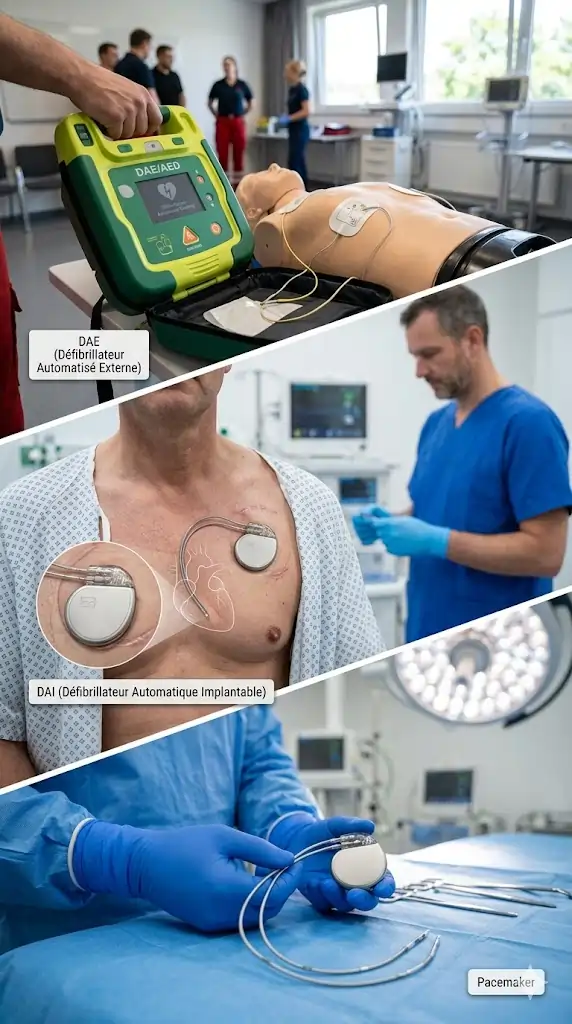 comparaison visuelle pacemaker, défibrillateur automatique implantable DAI et défibrillateur automatisé externe DAE