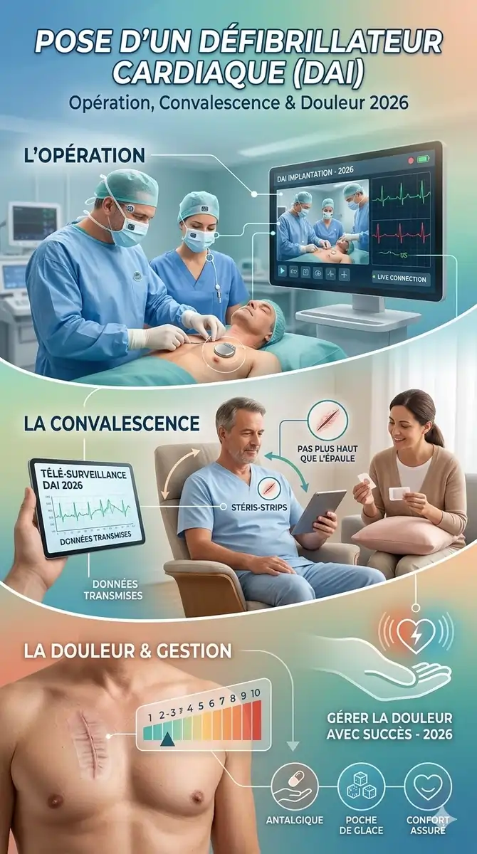 défibrillateur automatique implantable DAI boîtier et sondes cardiaques, vue anatomique