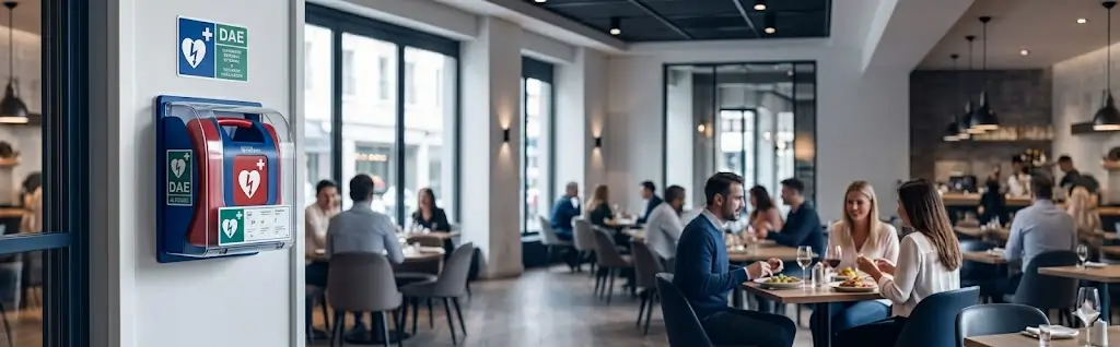 Salle de restaurant avec armoire défibrillateur DAE visible près de l'entrée